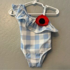 Janie and jack blue white gingham check and poppy one piece swimsuit 6-12 months